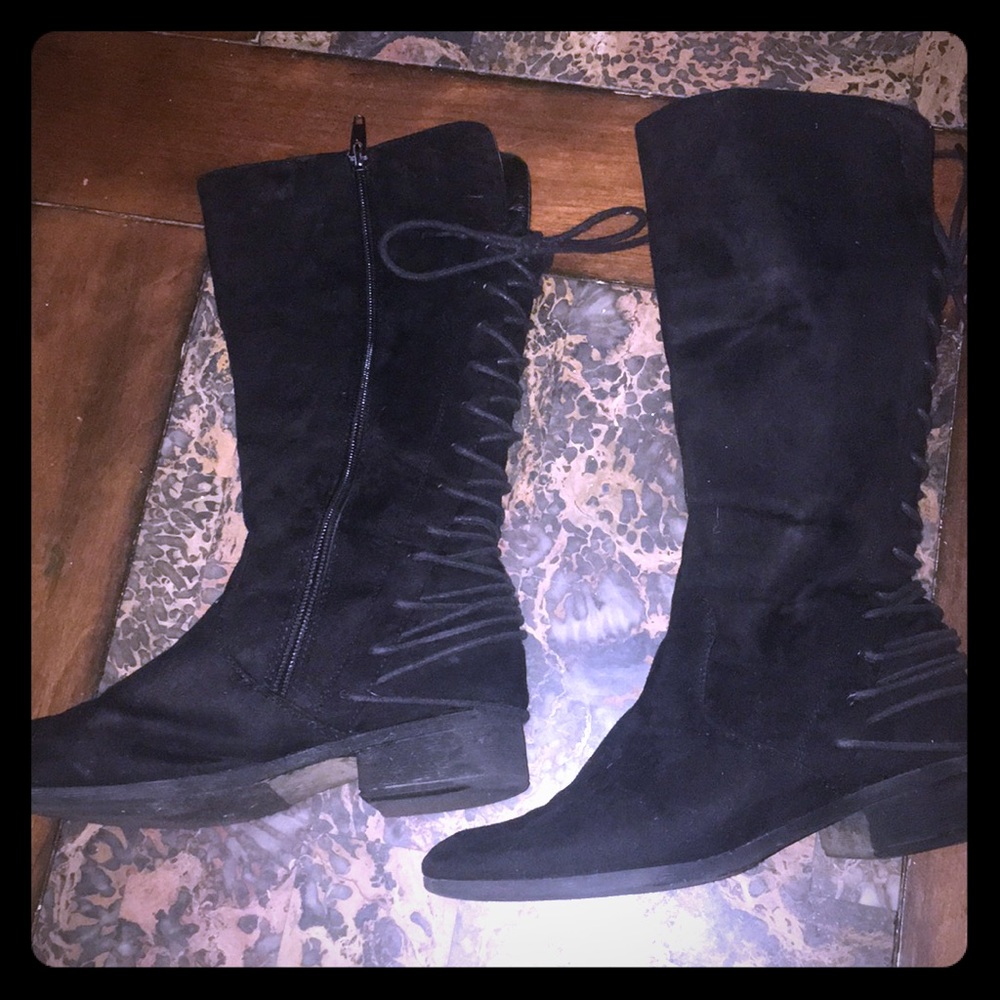 Black lace back suede boots